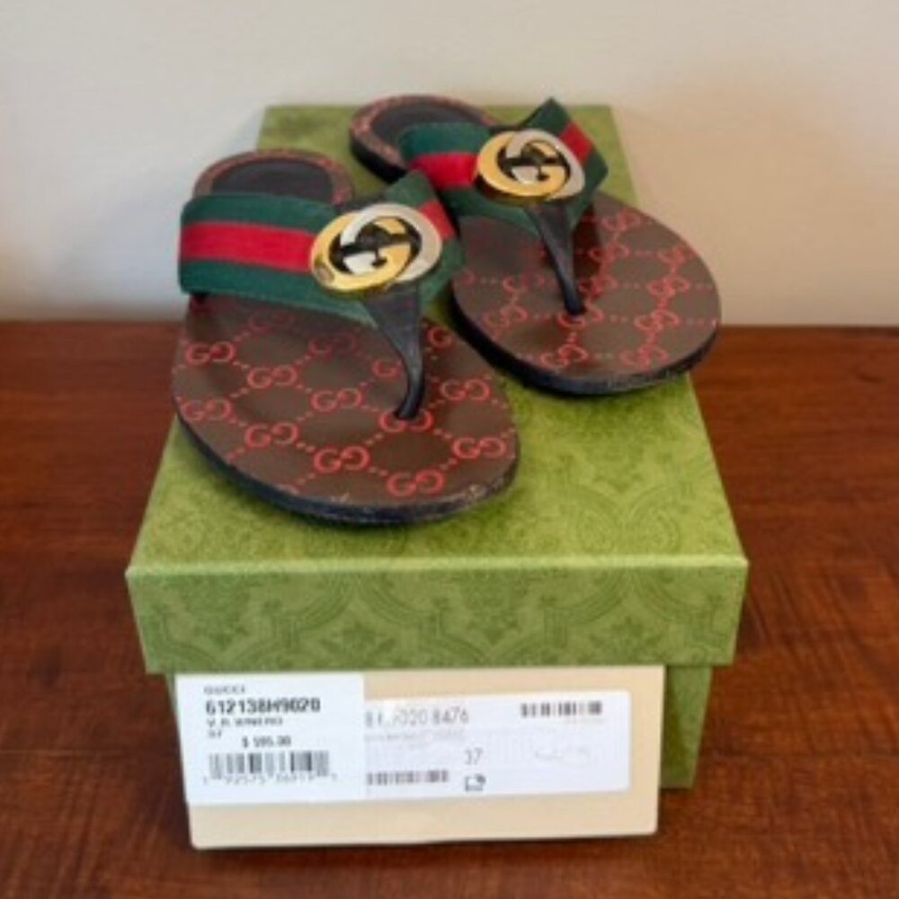Gucci Kika Web GG Thong Sandals Red Green Stripe Logo EU 37 US 7